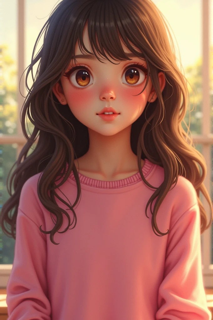 12 year old girl with long brown hair,big expressive eyes, Pink sweater, with skirt
