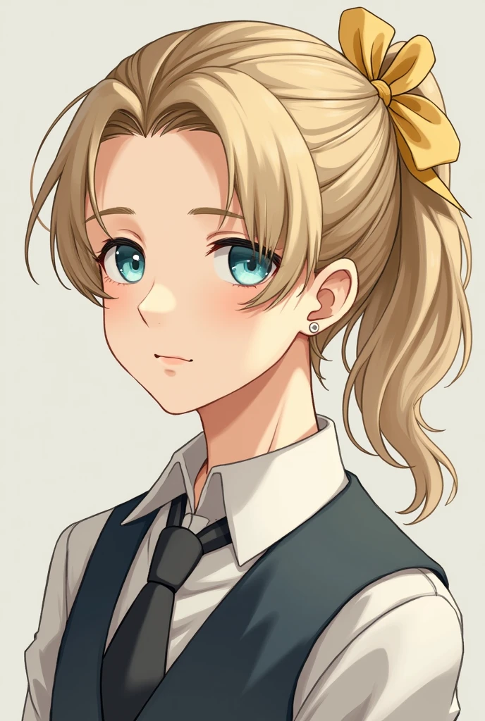 Handsome young man, blue eyes and darker blond hair that was parted in the middle, bangs hung over his forehead loosely and his slightly longer hair was tied with a gold ribbon in a side ponytail.