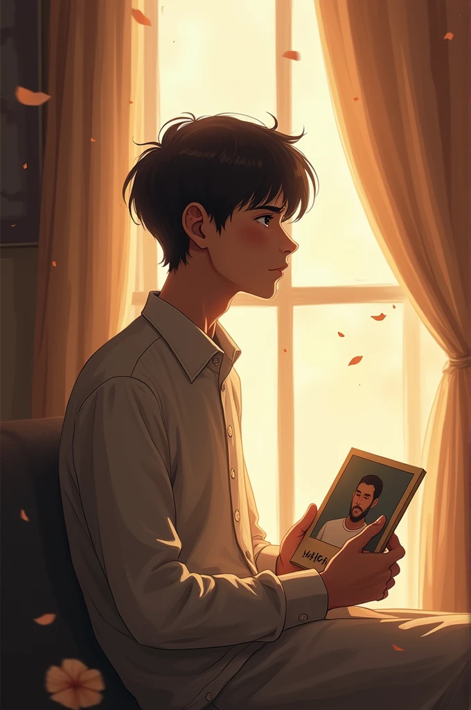 **Prompt para Imagem:**
Um dia dos Babas especial, but with a touch of longing. The image should portray a calm and nostalgic scene, with a subtle masculine figure, representando um Baba que já partiu, enveloped in a soft, comforting light, as if always present in spirit. Em primeiro plano, a young adult, reflecting serenity and longing, maybe looking at the sky or holding an old photo, representando o quanto sente falta de seu Baba, especially since the age of 19. The young man's expression must convey a mixture of love and melancholy, with text next to it that says: "love you, Baba. I miss you every day."