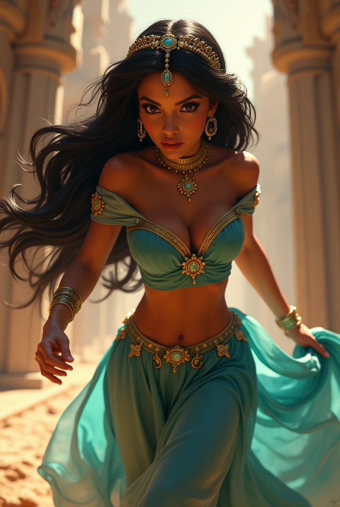 Stunning Princess Jasmine, photo in 8k, in action, cinematic.