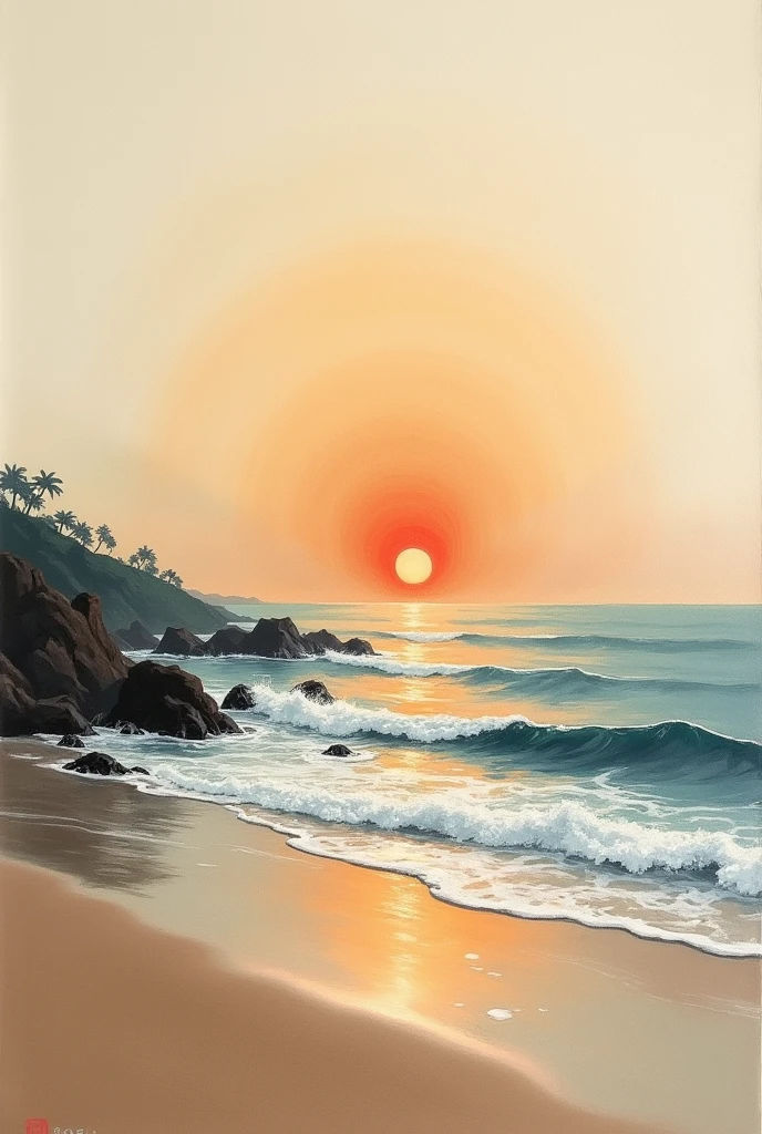 painting with ink on simple canvas on canvas of beach landscape at sunset with the sea wave breaking and with darker colors, with the sun reflecting on the water, with simple elements, no rocks