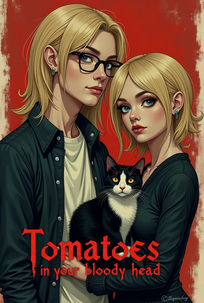 for metal rock band named 'Tomatoes in your Bloody Head', put the nam of the band on the image, with detailed letters. put a brazilian emo girl (with light skin and drak short hair and black eyes) and a german guy (tall with blonde long hair, blue eyes, wearing glasses) on the imagem.  the guy its 190cm, the girl is 157cm. the guy its thin and really pale skin. his hair is really long. put a tuxego cat ON THE GIRL'S HAND. dont forget to put the name of the band