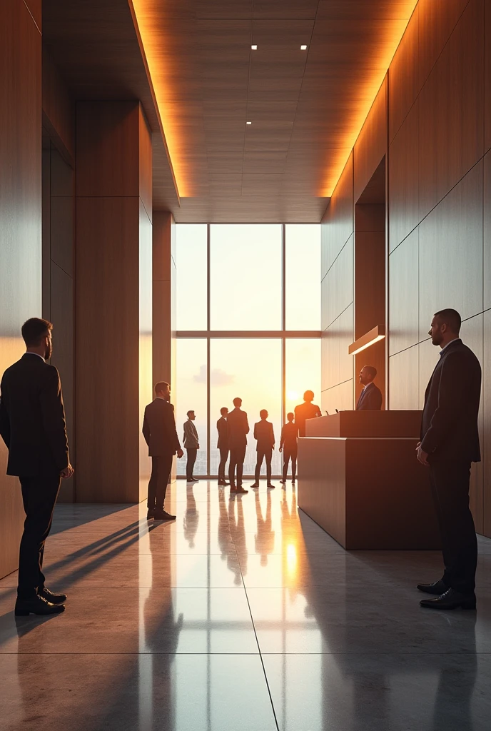 (Photorealism:1.2), reception of a business hotel with several people