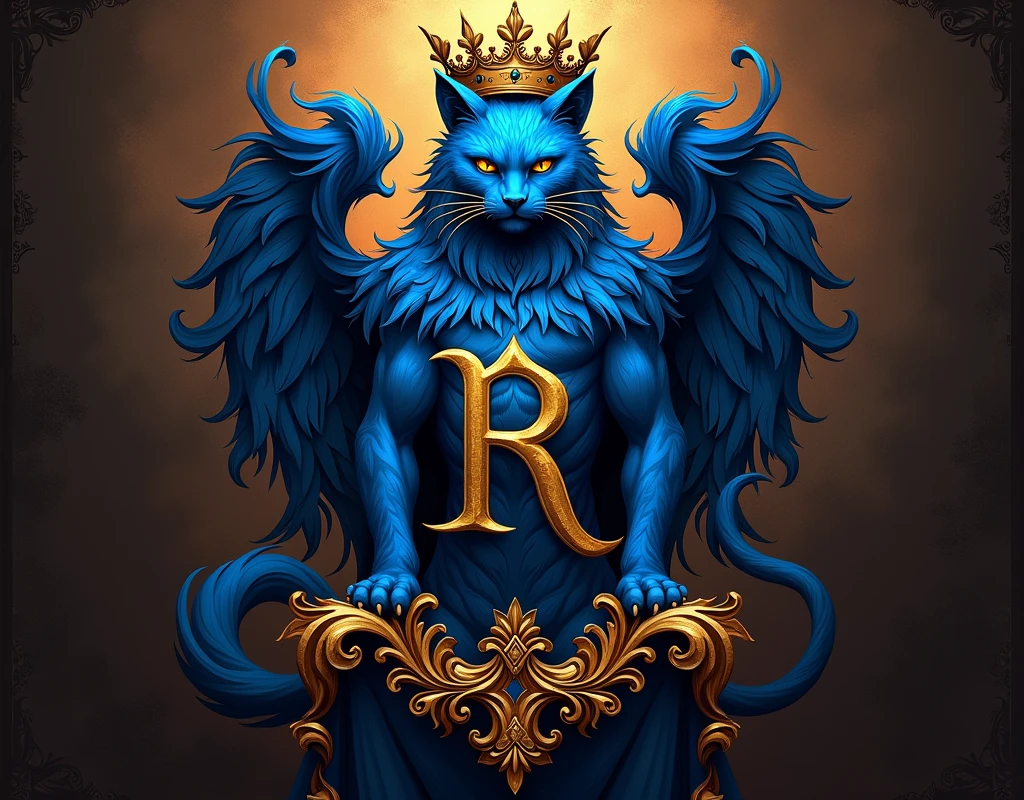 Create a coat of arms with the letters , " Bluecatbr " in high quality , for a motivational profile com um cat como símbolo épico símbolo único o melhor