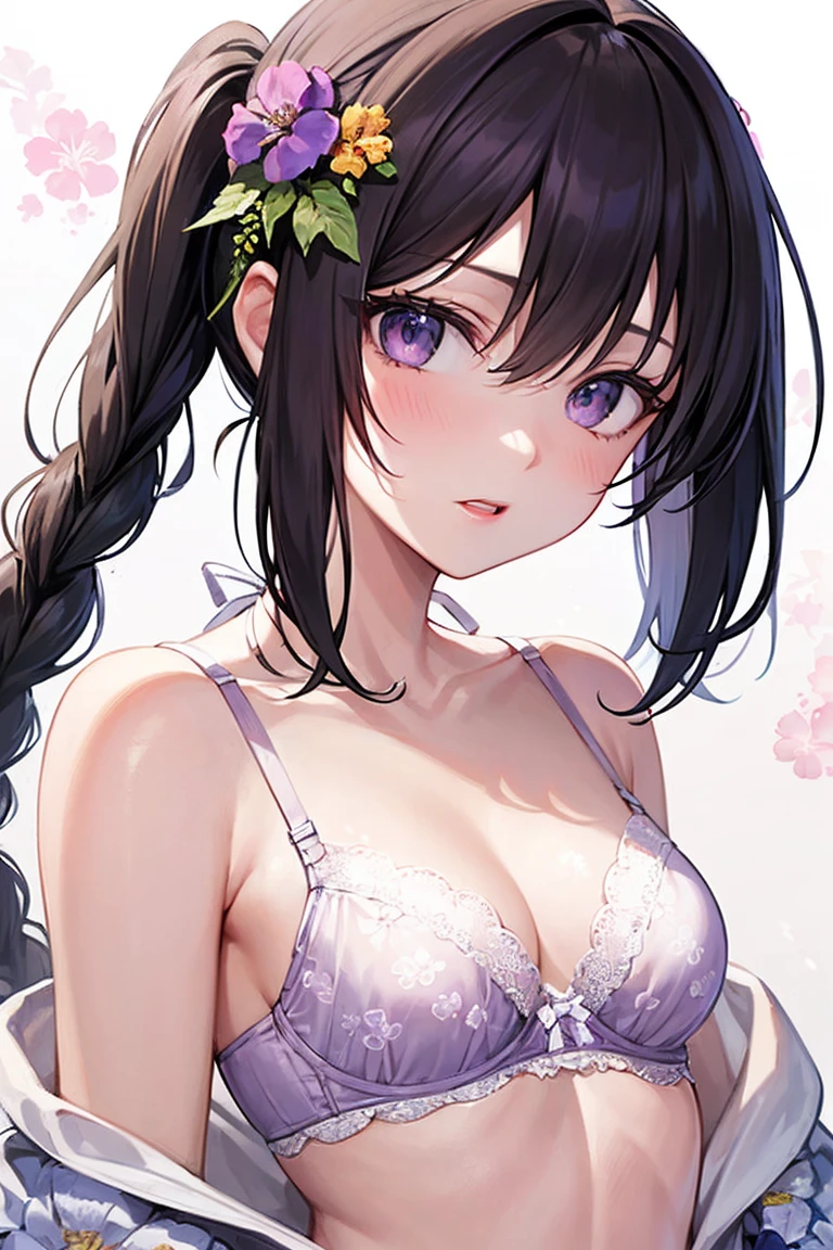 Absurd, Very detailed,Bright colors, Very beautiful and detailed anime faces and eyes, View from the front, ;teeth, Shiny_skin,Age 25, (The pattern of her bra is faintly visible through her dress:1.6),(White bra with purple floral sheer lace and floral pattern:1.5) ,(Very small breasts,:1.5),Braided Hair, Asymmetrical bangs, Long Hair, Shiny Hair, beautiful face, blush,White skin, Valletta, Beautiful Clouds,