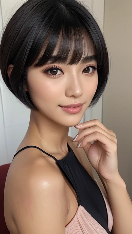 , imagine a woman with , ela tem pelos corporais preto with bangs, Black Hime Body Haircut, , korean, with short body hair with bangs, with short body hair, dilraba dilmurat, garota korean cruel, hairstyle with bangs style, with bangs, korean symmetrical,,,,,,,,,,,,,,,,,,,,, close-up makeup style shimmery blue eyeshadow complements her peach blush and vibrant light pink lipstick skin has a flawless, radiant finish with lighting that accentuates her makeup and natural beauty.. perfect smile, white teeth,,,,,,,,, (fully body),,,,,,,,,,,,,,,,,,bridal makeup, using a soft and romantic palette from Avon. The skin is velvety and flawless, with a light touch of pink blush on the apples of the cheeks. The eyes are softly smoky in shades of pink and brown, with elongated and delicate eyelashes. The lips are a natural pinkish tone, with creamy finish. Lighting should be soft and romantic, enhancing the perfection of the skin and the brightness of the eyes.",,,,,,,,,,
