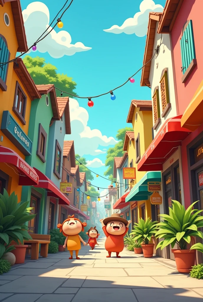 A cartoon street in the early morning