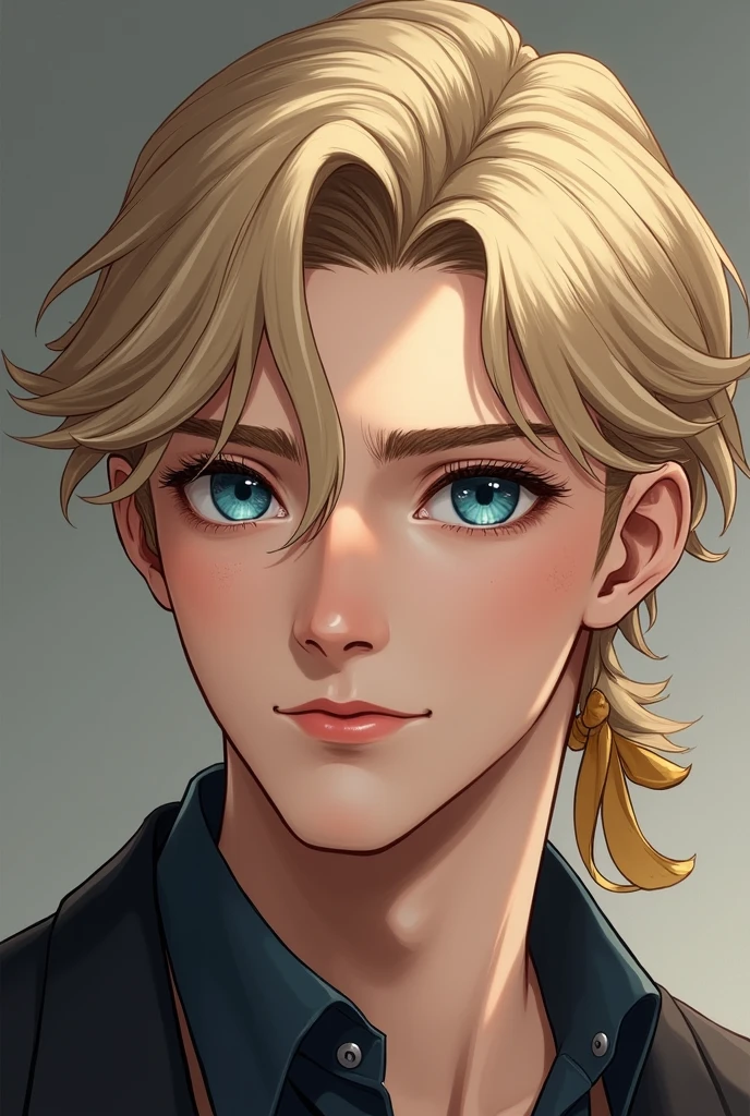  Handsome young man, blue eyes and darker blond hair that was parted in the middle, bangs hung over his forehead loosely and his slightly longer hair was tied with a gold ribbon in a side ponytail.