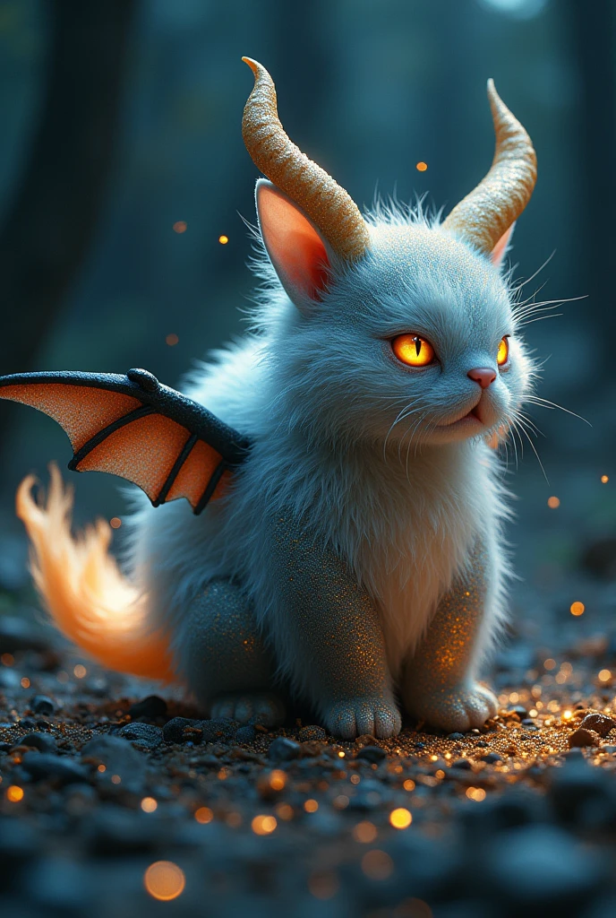 A furry little ball in the night with glitter around it with horns with a fiery tail with black dolphin-colored wings