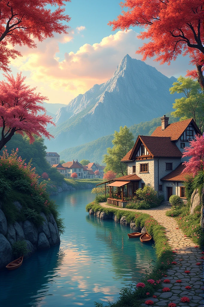 Small village on the river, Mountain in the background々, Floral Flowers Colorful, Detailed landscape, Beautiful natural scenery, Atmospheric lighting, Scorching Sunset, Warm colors, practical, photopractical, Detailed leaves, Complex building, Cobblestone Street, Charming country house, Swirling vibrant colors, rich vegetation, Reflection on still water, Picturesque, Idyllic, Artwork, Highest quality, 8k, Very detailed,Anime Styling