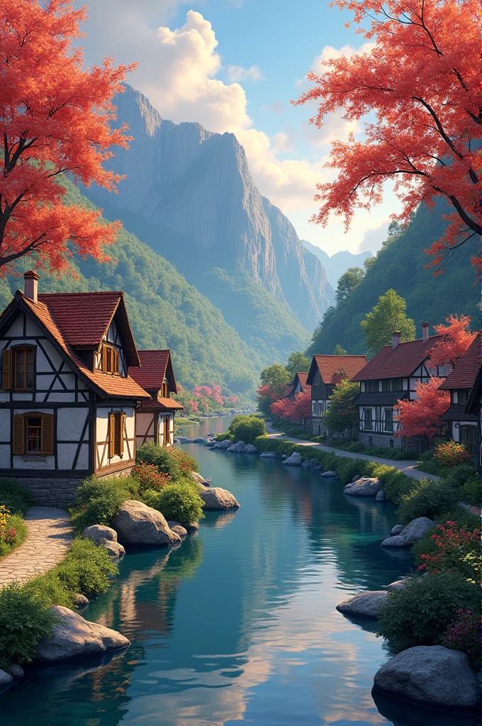Small village on the river, Mountain in the background々, Floral Flowers Colorful, Detailed landscape, Beautiful natural scenery, Atmospheric lighting, Scorching Sunset, Warm colors, practical, photopractical, Detailed leaves, Complex building, Cobblestone Street, Charming country house, Swirling vibrant colors, rich vegetation, Reflection on still water, Picturesque, Idyllic, Artwork, Highest quality, 8k, Very detailed,Anime Styling
