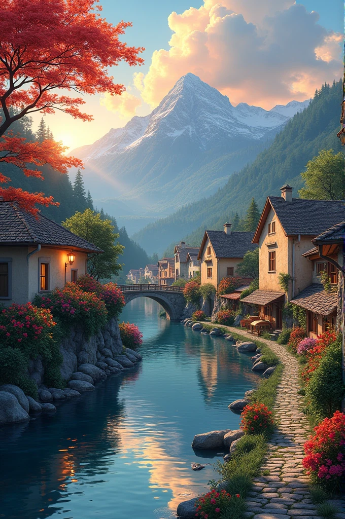 Small village on the river, Mountain in the background々, Floral Flowers Colorful, Detailed landscape, Beautiful natural scenery, Atmospheric lighting, Scorching Sunset, Warm colors, practical, photopractical, Detailed leaves, Complex building, Cobblestone Street, Charming country house, Swirling vibrant colors, rich vegetation, Reflection on still water, Picturesque, Idyllic, Artwork, Highest quality, 8k, Very detailed,Anime Styling