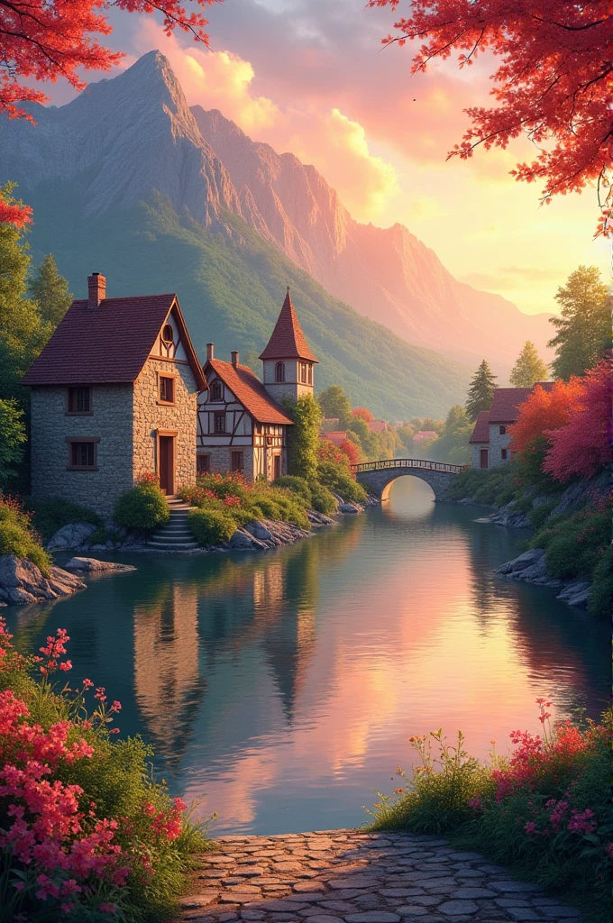 Small village on the river, Mountain in the background々, Floral Flowers Colorful, Detailed landscape, Beautiful natural scenery, Atmospheric lighting, Scorching Sunset, Warm colors, practical, photopractical, Detailed leaves, Complex building, Cobblestone Street, Charming country house, Swirling vibrant colors, rich vegetation, Reflection on still water, Picturesque, Idyllic, Artwork, Highest quality, 8k, Very detailed,Anime Styling