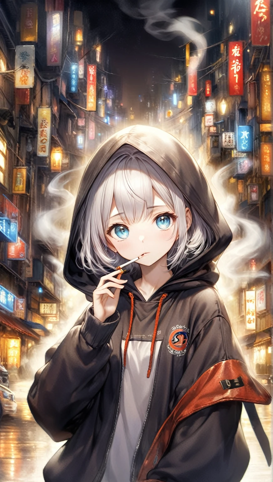(Highest quality,8k,32K,masterpiece,Ultra-high resolution :1.2 ),born,One girl,Super cute,Natural light,Clear, shining eyes,20-year-old,Fair skin,Fantasy background of a desolate night global electronic world,Silver Hair,Wearing a hood,Smoking a cigarette,Stuffy look,Smoke is coming out of the cigarette,I&#39;m busy,Yankee sitting,大きな胸。