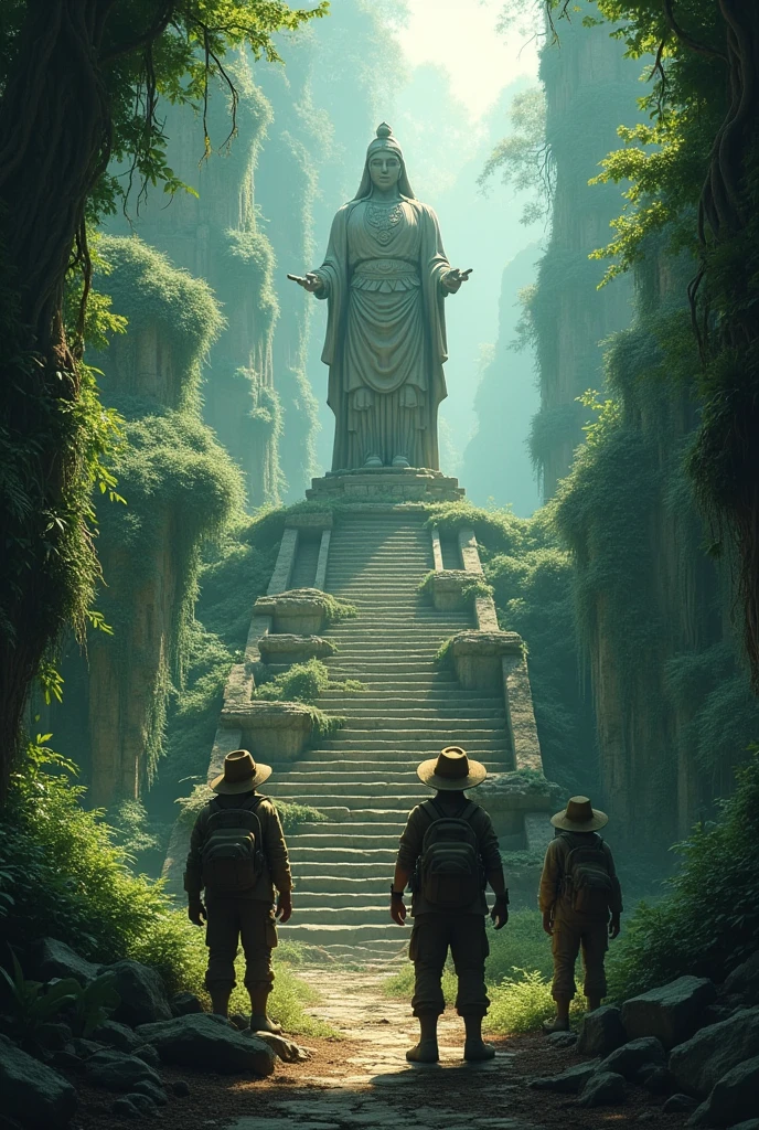 Create an image of a lost city in a jungle with three archaeologists and in the lost city there is a statue on some stairs, that the image does not look VERY real