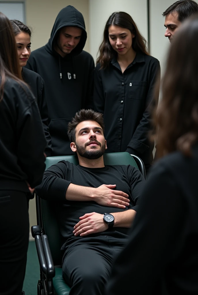 Generate an image with an injured student and a circle of people around the student, all dressed in black




