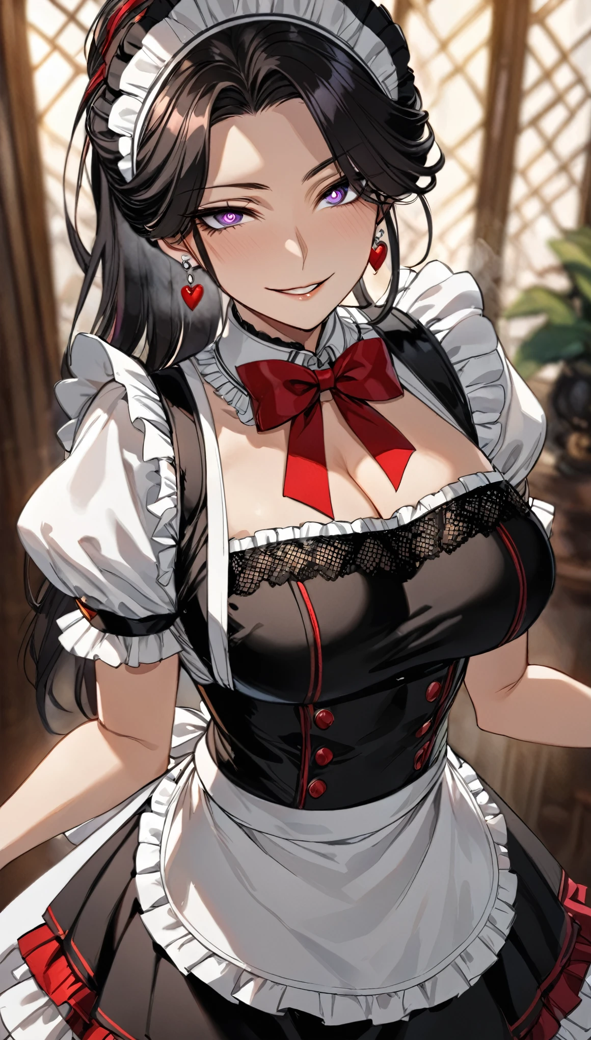 "4k, masterpiece, best quality, (detailed face and eyes_1.4), (Irisviel Von Einzbern), (Fate/Zero), detailed skin, cowboy shot, detailed, 1girl, 27 years old, mature body, big breasts, solo, black hair, purple eyes with heart-shaped pupils, long hair, loose hair, mole under left eye, hair covering right eye, small smile, steam coming out of mouth, parted lips, highly detailed and elaborate maid outfit, black and white dress, lace trim, frills, apron with bow, fitted bodice, puffed sleeves, layered skirt, thigh-high stockings, villain smile, red choker, tempting smile, tempting eyes, black gem earrings, anime style, standing in a modern, softly lit interior, focus on character, blurred background."

