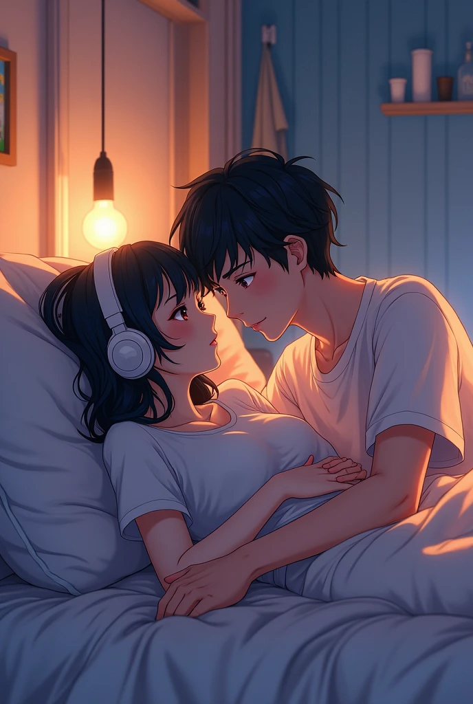 Anime, four with the girl lying on the bed with headphones, With a boy by my side, scorching, romantic 