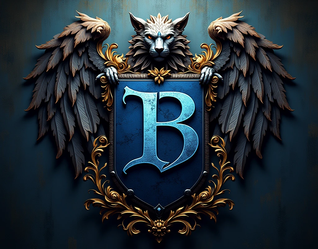 Create a coat of arms with the letters , " Bluecatbr " in high quality , for a motivational profile com  um cat como símbolo épico símbolo único o melhor 