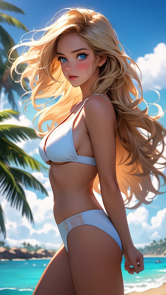 a beautiful woman in a white bikini standing on a beach, looking directly at the viewer, with long blonde hair blowing in the wind, blue eyes, and a slight blush on her cheeks, surrounded by palm trees, a cloudy blue sky, and waves crashing against the shore, masterpiece, photorealistic, ultra-detailed, hyper-realistic, 8k, cinematic lighting, vibrant colors, dramatic composition