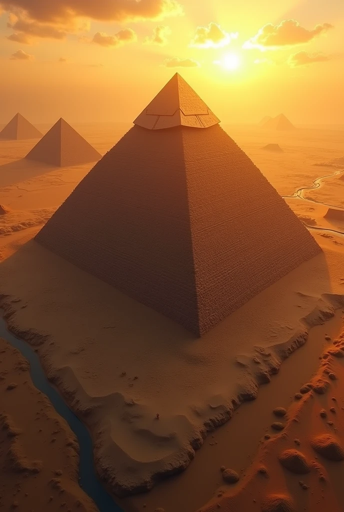 "An aerial view of the Great Pyramid of Giza at sunset, showcasing its massive structure against the backdrop of the desert. The pyramid's ancient stone blocks are highlighted by the warm golden light, with the smaller pyramids of Khafre and Menkaure visible in the background. The scene includes the Nile River in the distance, hinting at the life-giving force that sustained ancient Egypt."