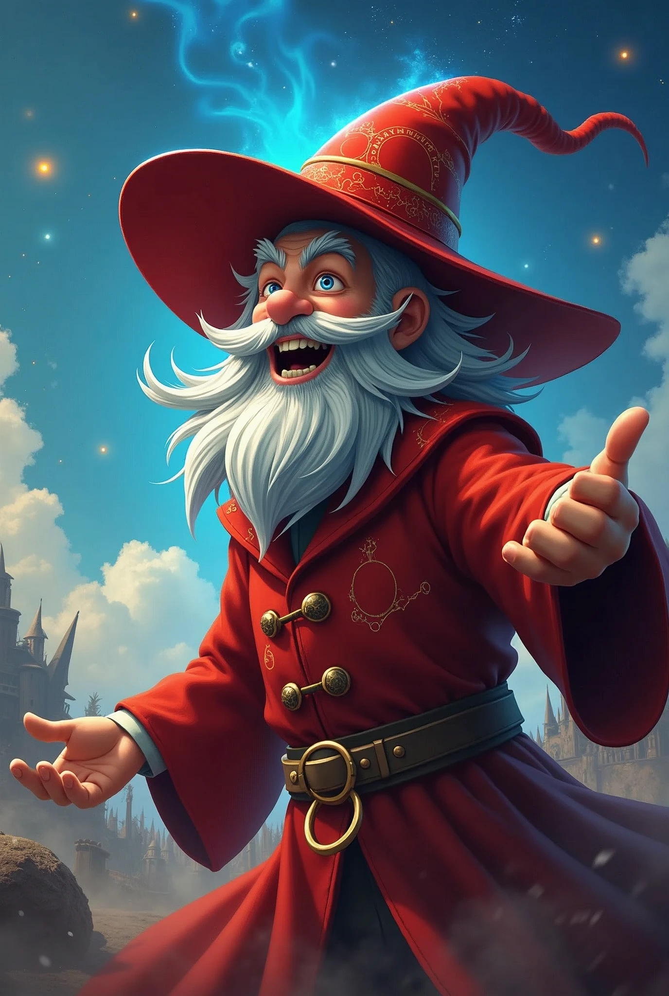highest quality, 8k, hdr, (head to toe:1.4), Anime, Wizard, happy crazed look on his face, casting grand magic over the battlefield, fighting skeleton monsters with magic, grey beard, pointy wizard hat, red robes with lines depicting constellations on them, wide view from 100 meters away
