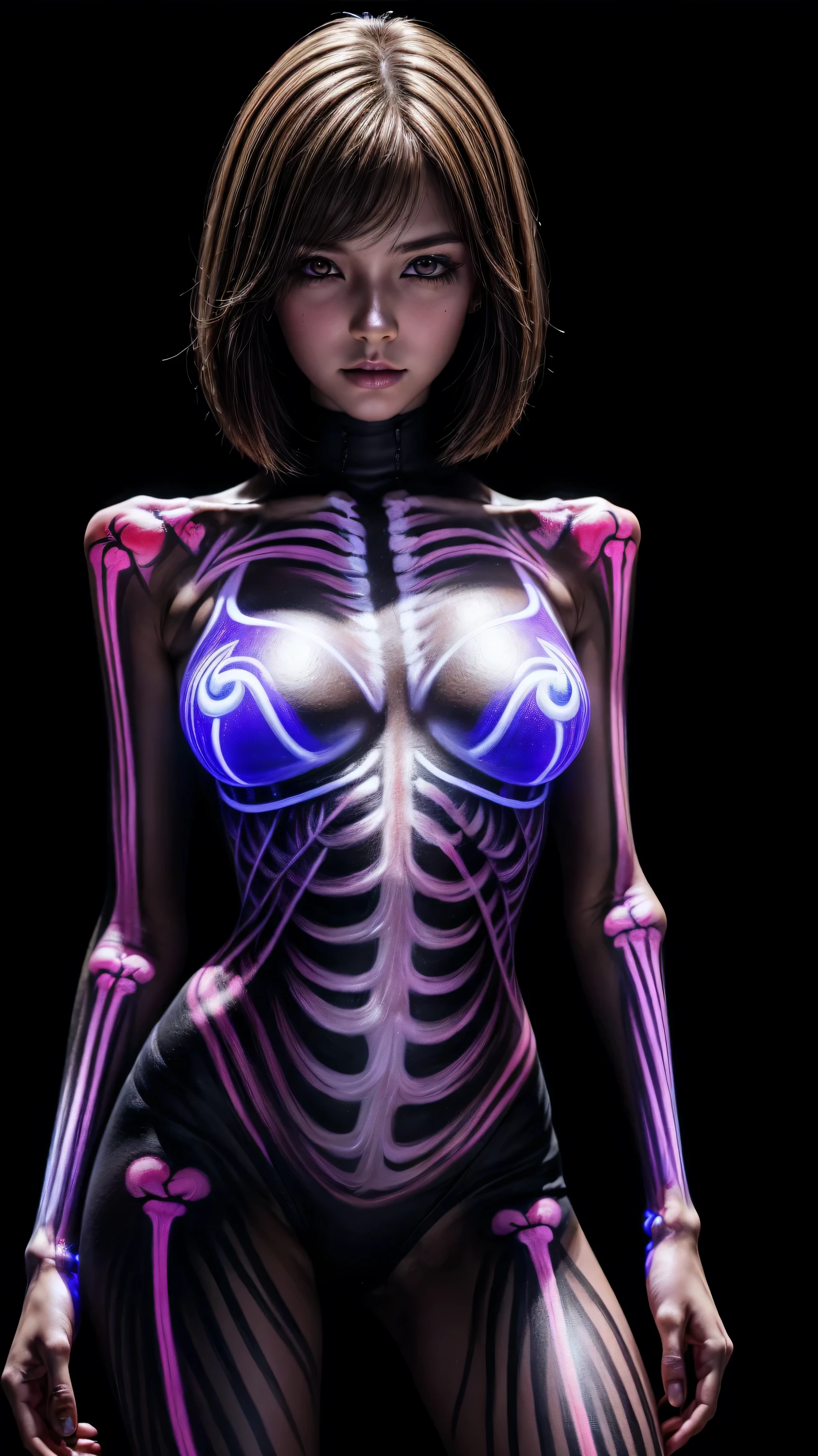 ((portrait of a girl in the dark, ultraviolet light on her:1.24)), ((Glowing 3D objects interact with graphics，Super detailed illustrations))，photorealism 16K realism, ((Hyper-realistic proportional body, anatomically correct:1.3)), ((ultra-fine digital art)), (light pale complexion), BREAK, (best highest detailed realistic empty_eyes:1.4), ((super realistic sharp-eyes:1.2)), (tired and sleepy and satisfied:0.0), perfect round eyes, finely detailed pupils, BREAK, ((Beautiful girl with long legs and good style:1.2)), ((body shot to knees:1.3)),(dynamic pose:1.25),((Lively,Active,vivaciousness)),((no_Pantise)),(Erotic:1.33), ((creative uv portrait glowin neon body art painting:1.45)), ((fluorescent paint ((printing the entire skeletal system of the human body)) :1.3)), ((A model shows off glowing body paint covering her private parts in a vivid artistic display)), ((full body shot:1.3))
