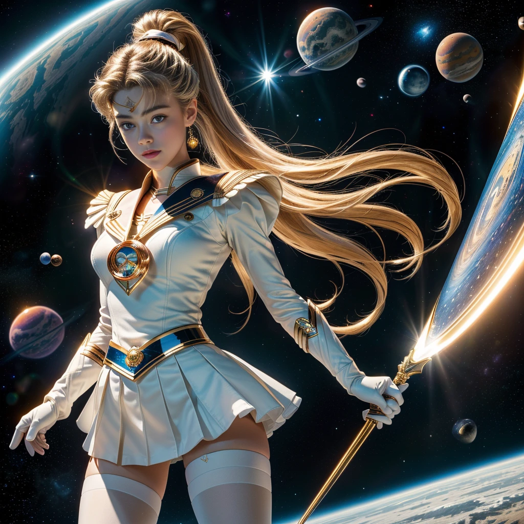 (Highly detailed CG Unity 8K wallpaper, masterpiece, 最high quality), (exquisite light and shadow, very dramatic picture, cinematic lens effects), (sailor moon), AMBER HEARD, delicate features, plump body, double ponytail, blue eyes, long blonde hair, tight top, white gloves, mini skirt, black stockings, dynamic pose), ((The background is space)), (excellent details, excellent lighting, wide angle), (Excellent rendering is、Enough to stand out in its class), muste piece, best quality, Super detailed, masterpiece, 最high quality, high quality, high resolution、unparalleled beauty、(Holds a large, round shield in the right hand)