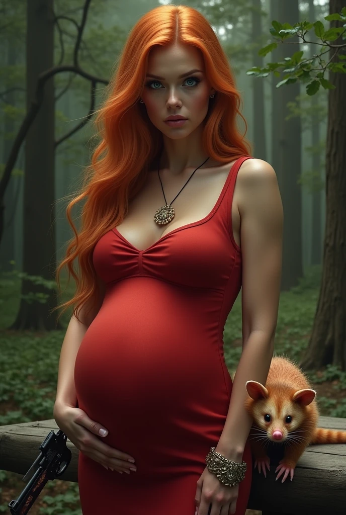 a woman with orange long hair, blue eyes light skin wears a W necklace on the neck , pregnant and next to her should be peach opst, and she should be dressed in red she should hold a gun and there should be a bit of blood on it