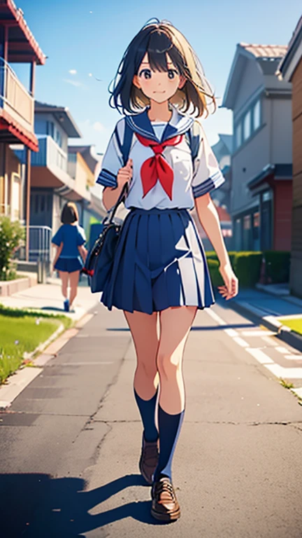 A girl walking in the schoolyard with her classmates