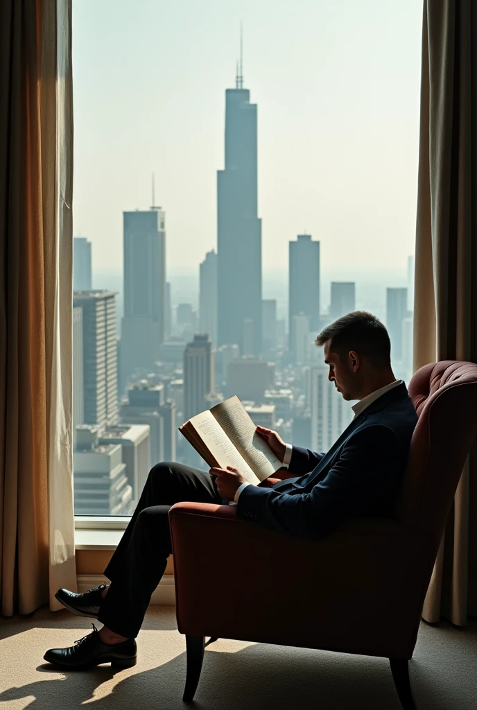 (Photorealism:1.2), ordinary man reading in an armchair of a business hotel overlooking the city