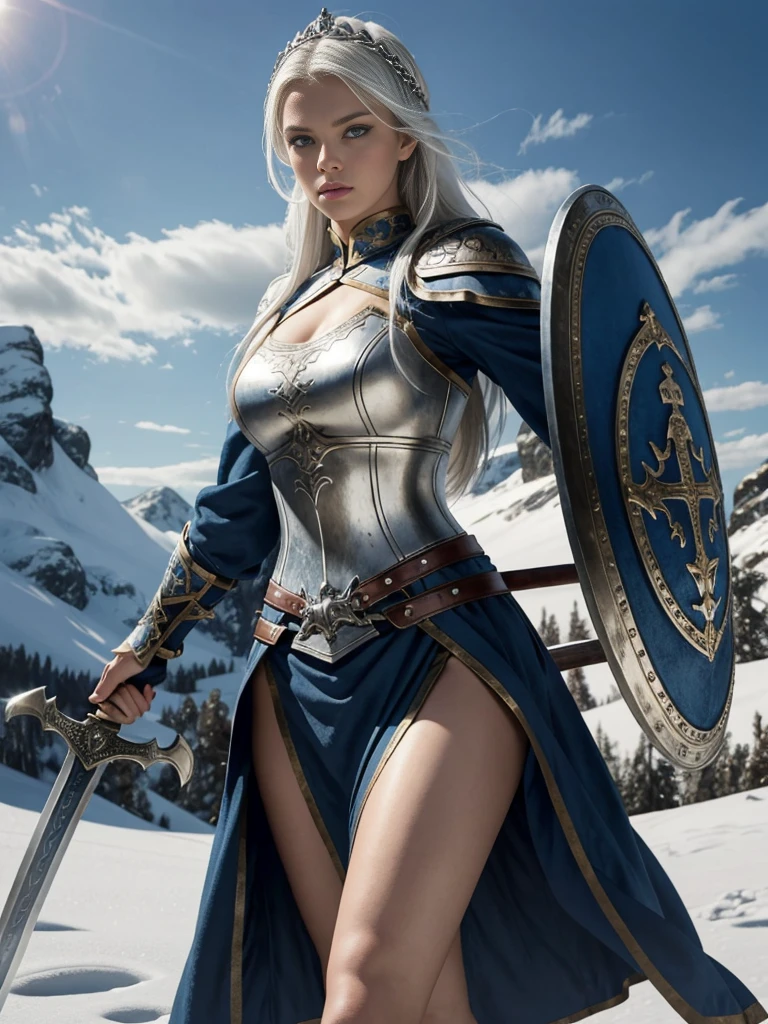 masterpiece high quality, great detailing of clothes and face, beautiful Valkyrie, white hair, blue eyes, fierce look in a fighting pose, Scandinavian style of clothing, which commands warriors, in her right hand holds a sword by the handle above her head parallel to the ground, the detailing of the fingers is clearly visible, in her left hand a shield at chest level, behind a Scandinavian mountain landscape