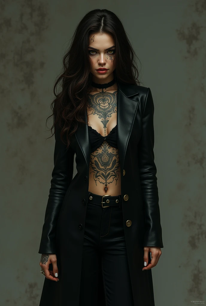 A woman young, with long, wavy dark brown hair, Brunetette, with Mexican features. She has yellow eyes and tattoos on one side of her face and body., and wears a black overcoat, black pants and boots