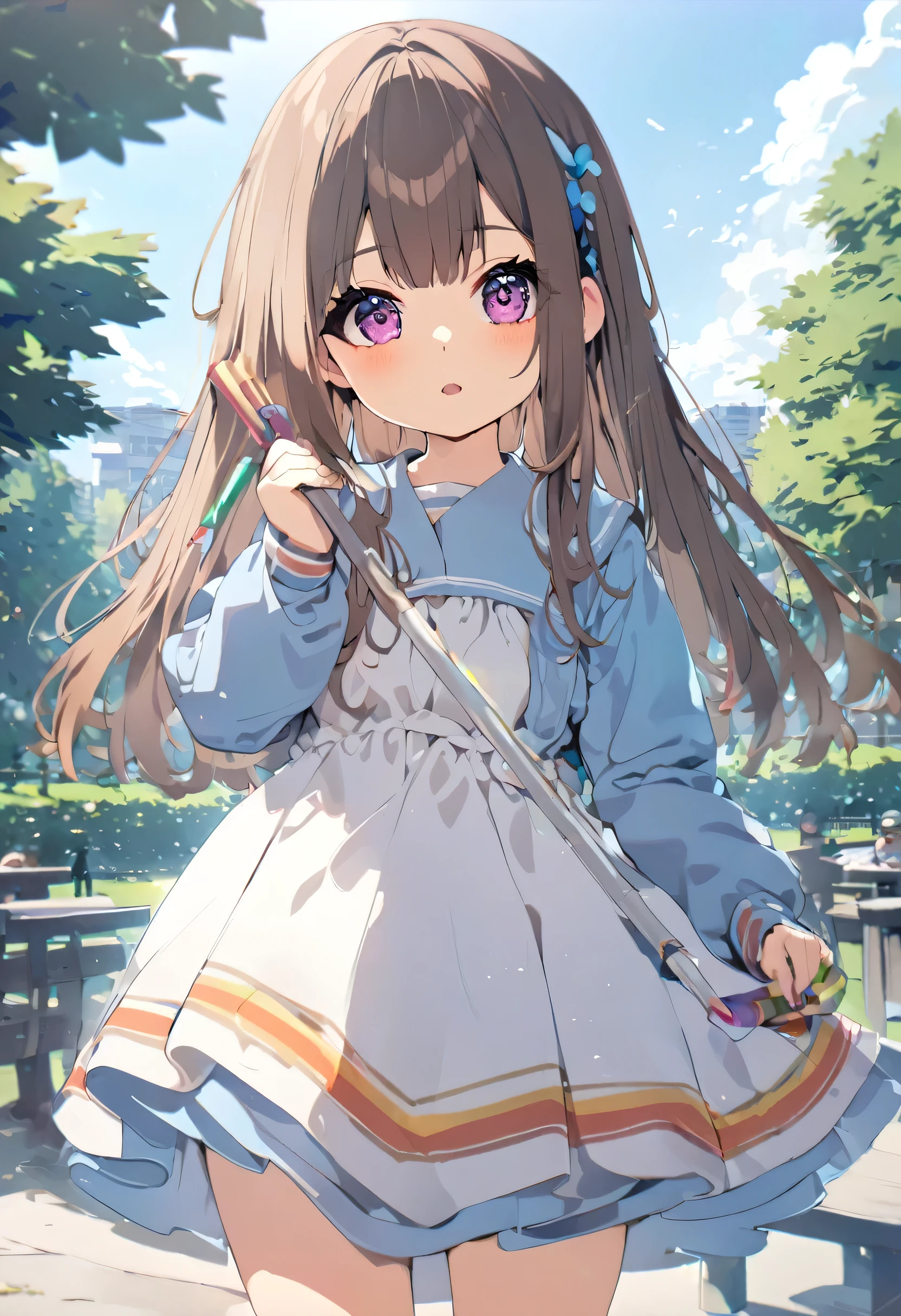 1girl, brown hair, blue eys, waring a  stiped dress, mediume breast, long slevees, frekles, long hair, open wave, outdoors, park, daytime, looking at viewers, smioling, cute girl, coloring, high quality, HDR, UHD, standing,   hari band