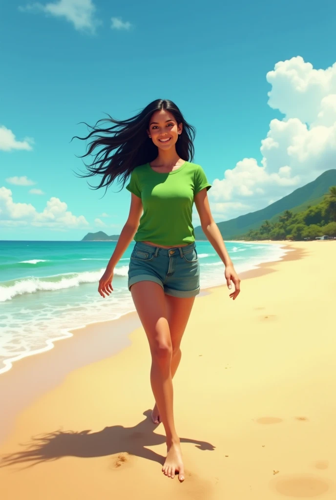 A Brazilian woman, 30 years old white, Bblack hair, walking on the beach, wearing a green t-shirt and shots, showing extroverted personality.