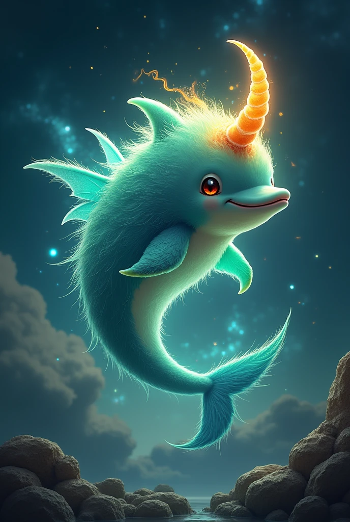 A little dolphin ball in the night with a glow around it with horns with a fiery tail with green wings