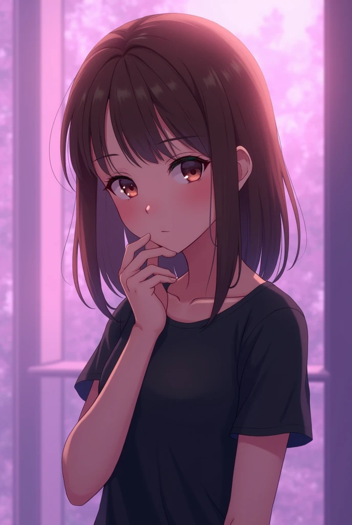 A 20 year old anime woman with straight brown hair, brown eyes with black short sleeve top with violet pink background, looking and thinking
