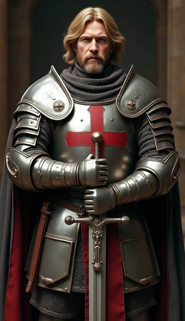 12th century、One of the Knights Templar of the Temple of Jerusalem, (Englishman, 40 age-old, gold hair, middle hair, beard, mustache, serious)), Cover the whole body in armor, He hold a double-edged sword in both hands, (one Crusader sword), The handle is cross-shaped, It is decorated, He wears a cloak with a red cross on his chest, Accurate, ((Anatomically correct,,Surrealism, UHD, retina, accurate, anatomically correct, textured skin, super detail, high details, best quality, 8K))