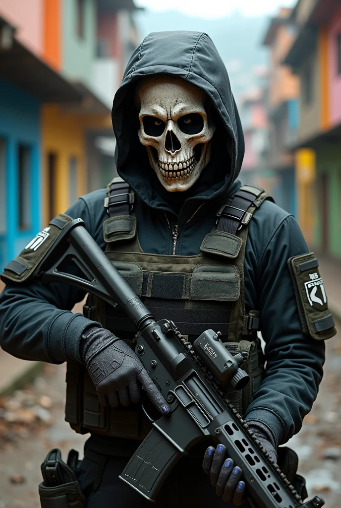 A female BOPE soldier wearing a skull mask covering her entire face holding a gun and a favela in Rio de Janeiro behind 