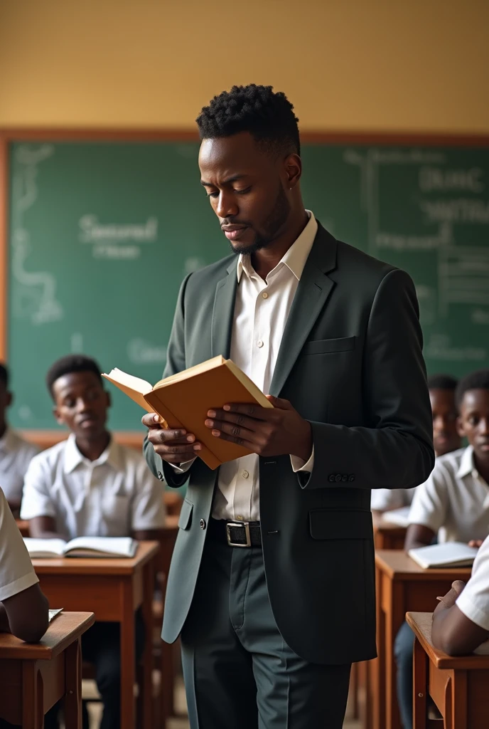 A young African teacher in a suit checks his students&#39; notebooks in class 