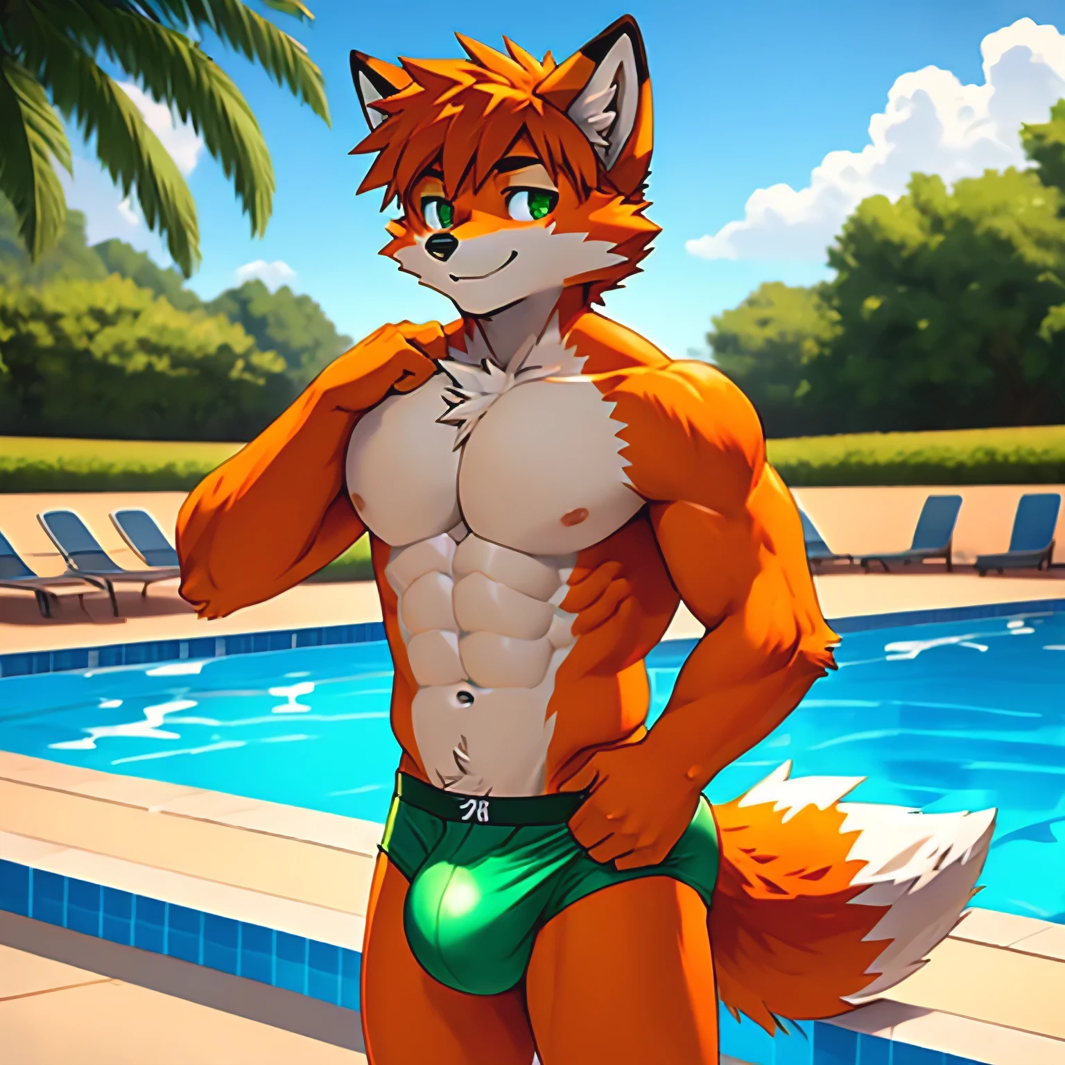 Solo, ager, furry orange fox, green eyes, kid, kid face, orange short hair, medium strong body, without clothes, green briefs, orange fox tail, very massive bulge in crotch, crotch about to burst, poolside background