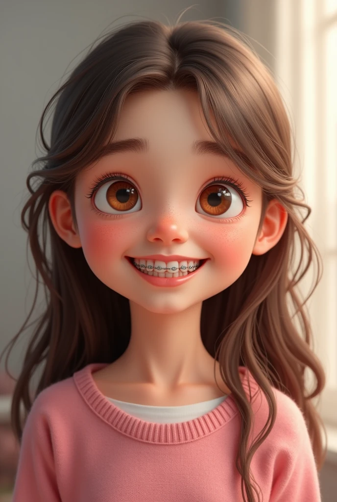 13 year old girl with brown hair, big expressive eyes, braces, pink sweater and a skirt