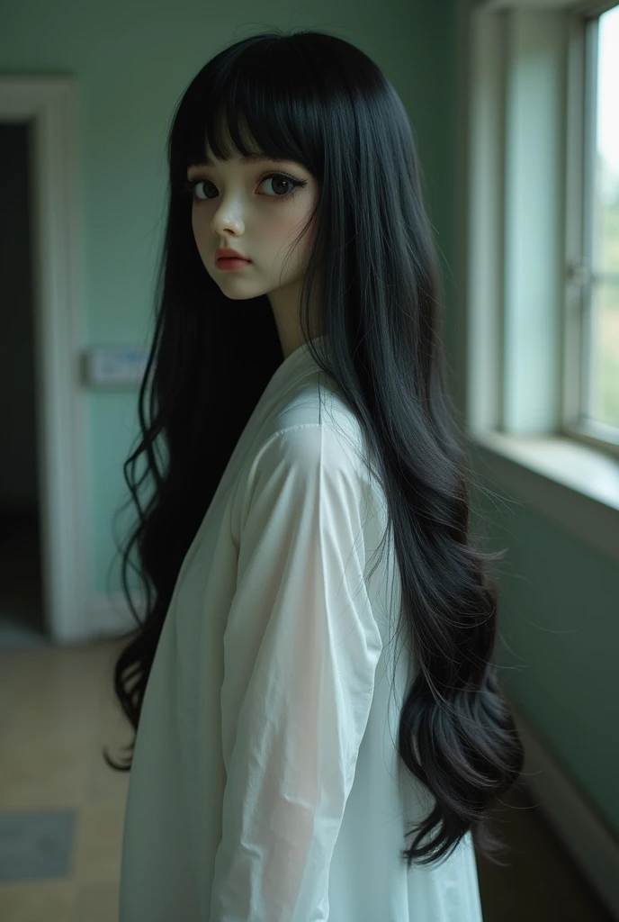 Super Real、Exquisitely crafted Japanese semi-long black hair(((Stuffed Animal Girl)))、A white surgical gown made of thin, almost transparent material、Dimly lit human taxidermy studio、Abandoned Hospital