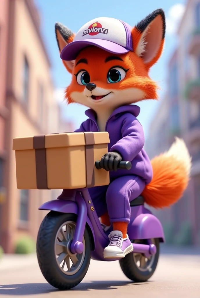 A 3D Disney Pixar style fox on top of a delivery bike wearing a stylish purple delivery tracksuit holding a delivery box and wearing a delivery cap