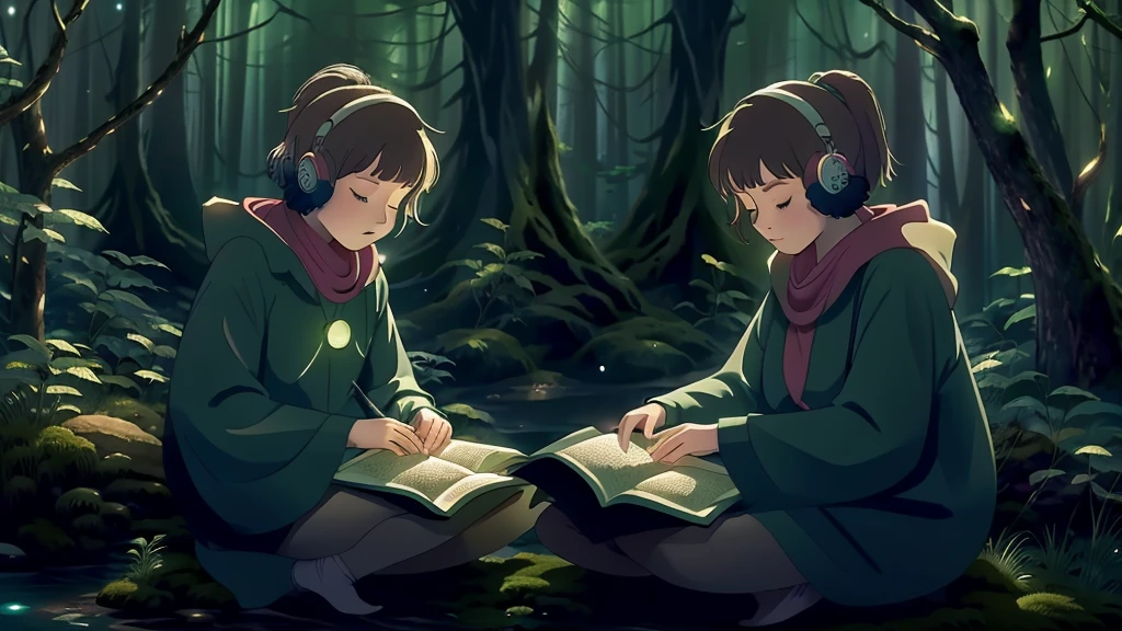 In a mystical forest glowing with bioluminescent plants and floating orbs, a hooded figure sits on a mossy rock, reading a glowing book. Ethereal creatures flutter around, and a gentle stream reflects the starry sky with two large moons, creating a magical, lo-fi fantasy vibe.