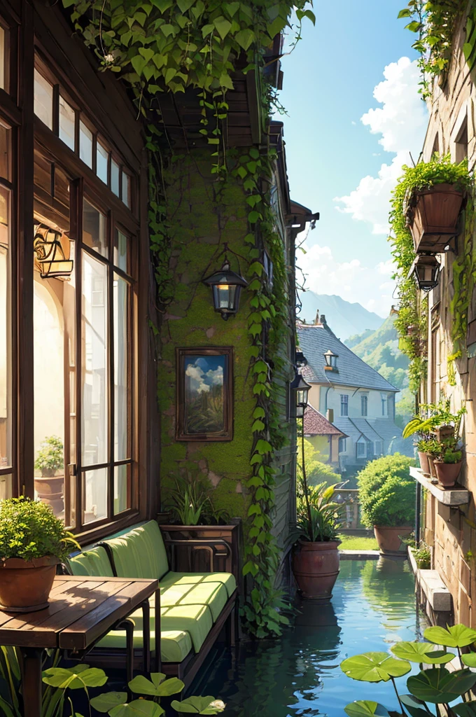 (micro-landscape:1.5),(best quality), ((masterpiece)), (highres), illustration, original, extremely detailed wallpaper, no humans, window, scenery, plant, water, potted plant, outdoors, building, door, house, flower pot, day, lily pad, chair, flower, table, stairs, watermark, hat, tree, sunlight, pond, grass, indoors, reflection, lamp, balcony, black headwear, bush, sky, railing, desk, open window, shelf, leaf, book, web address, copyright name, ladder, architecture, shadow, solo, dated, vines, vase, city, cafe, lantern, bucket, ruins, bench, shop, signature, moss, boat, barrel, river,
