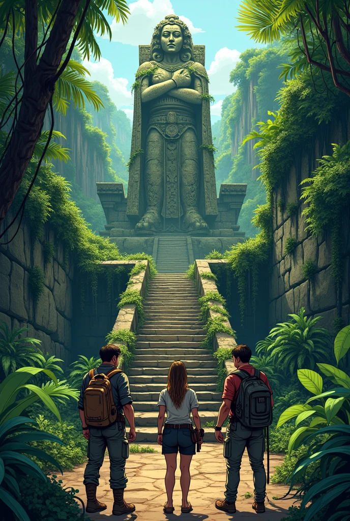 Create an image of a lost city in a jungle with three archaeologists and in the lost city there is a statue on some stairs, that the image does not look VERY real create it as a drawing