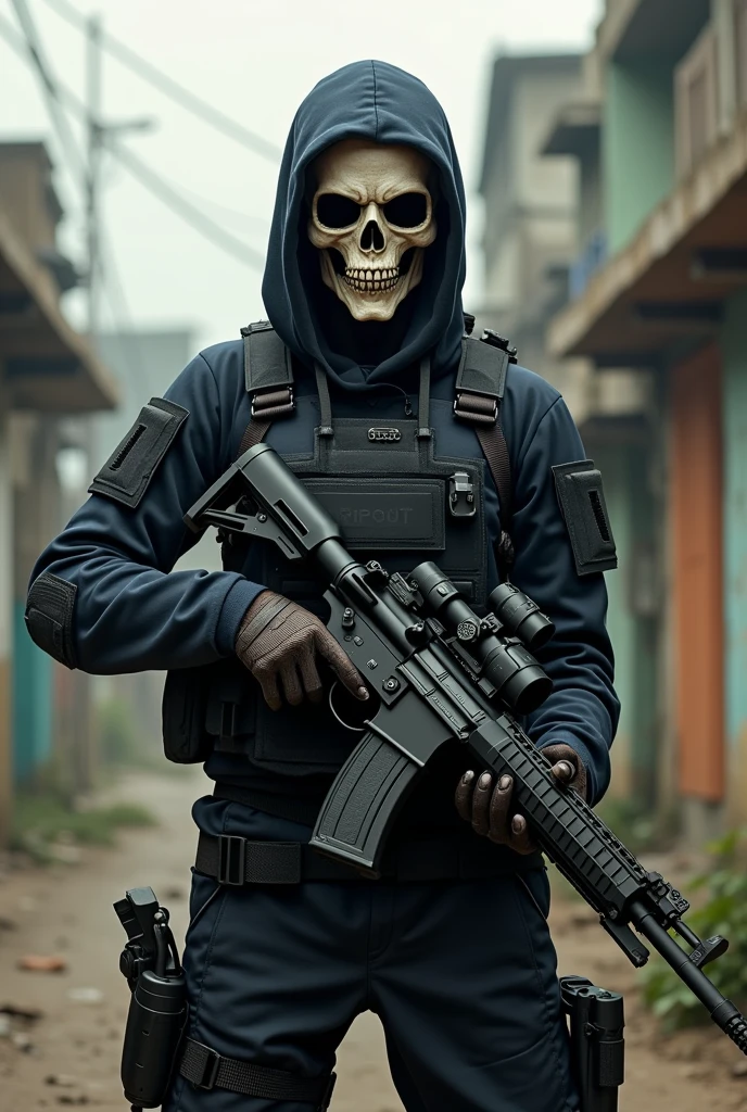 A female BOPE soldier wearing a skull mask covering her entire face holding a gun and a favela in Rio de Janeiro behind