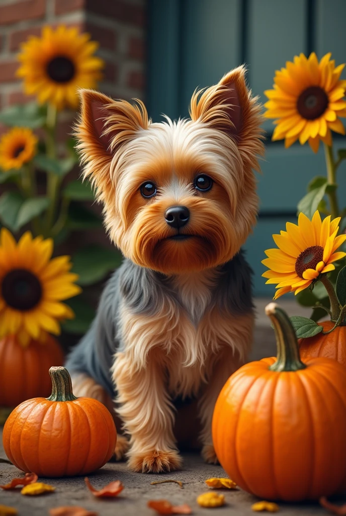 Yorkshire terrier, sunflowers, autumn, helloween, Pumpkins