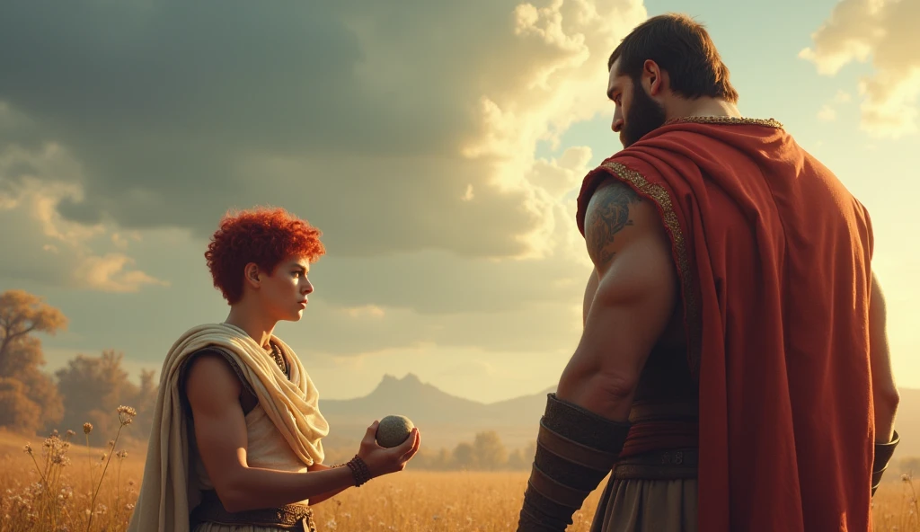 18 year old young man with short red hair with a rock in his hand ready to throw at the 3 meter tall giant Goliath